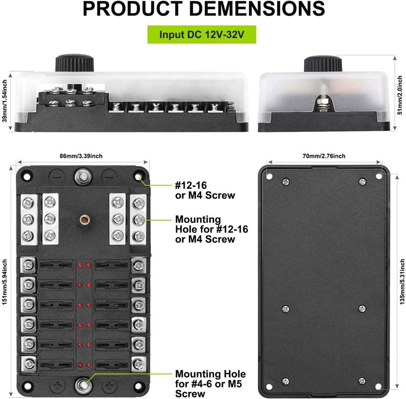 femedo 12 Way Fuse Block W/Negative Bus - ATC/ATO 12 Circuit Fuse Box with Ground, with Negative Bus & Protection Cover, Bolt Connect Terminals, 70 pcs Stick Label, for 12V/24V Vehicle Car Boat Marine Auto - Image 2